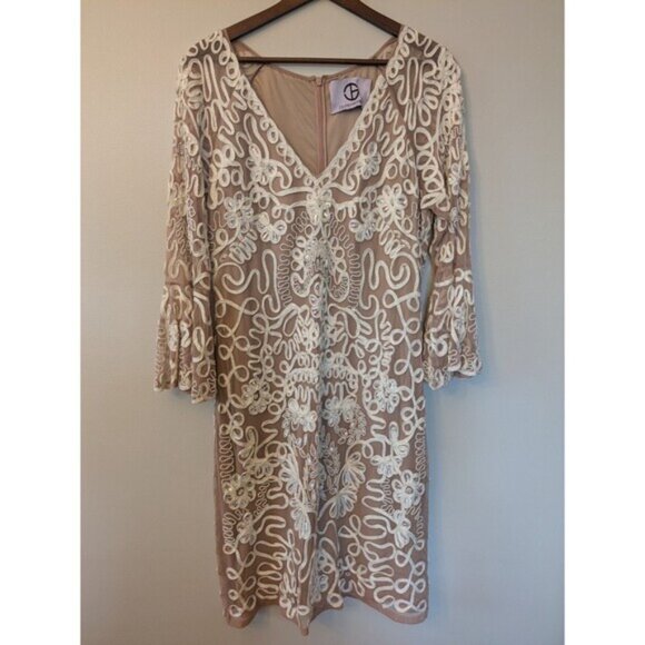 JS Collections Cocktail Dress Bell Sleeve Beaded Soutache Pink Taupe Elegant 14 - Picture 1 of 10